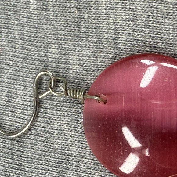 Pink Cats Eye Drop Earrings With Silver Tone Hooks Pierced Women Jewelry - Picture 4 of 14